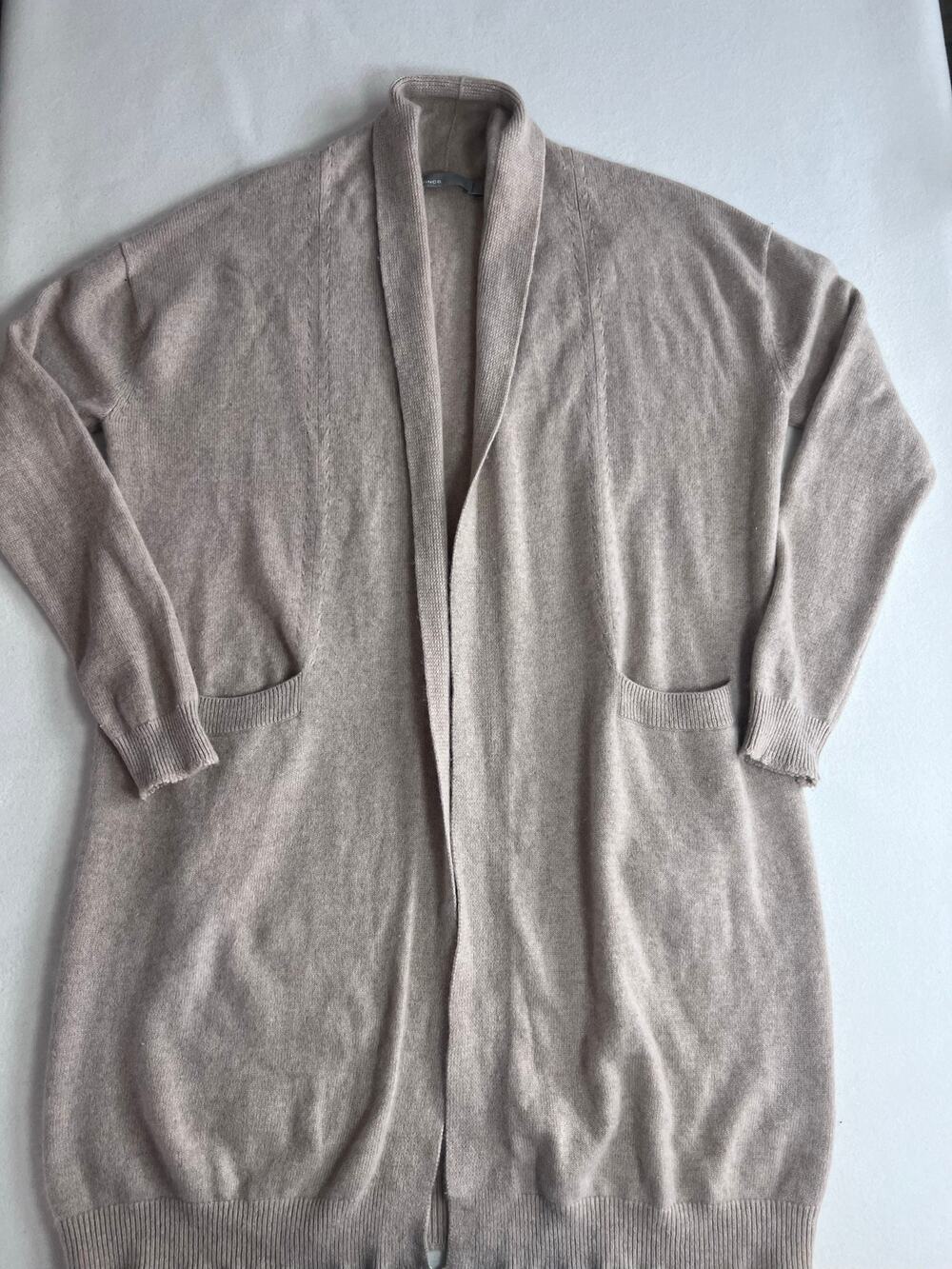 Vince Womens S 100% Cashmere Long Open Front Cardigan Taupe Quiet Luxury
